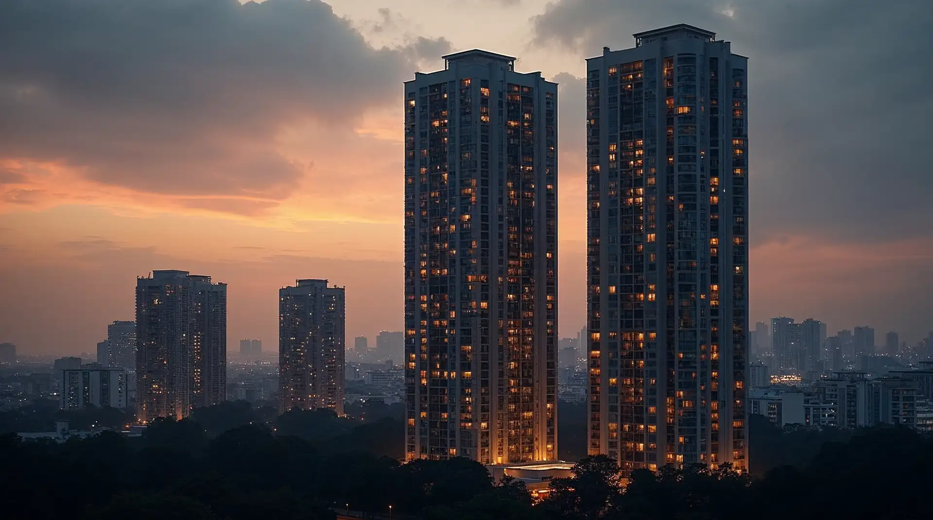 Torres residenciais à noite, representando os desafios de quem tem patrimônio imobiliário atendido pela Ação em São José dos Campos